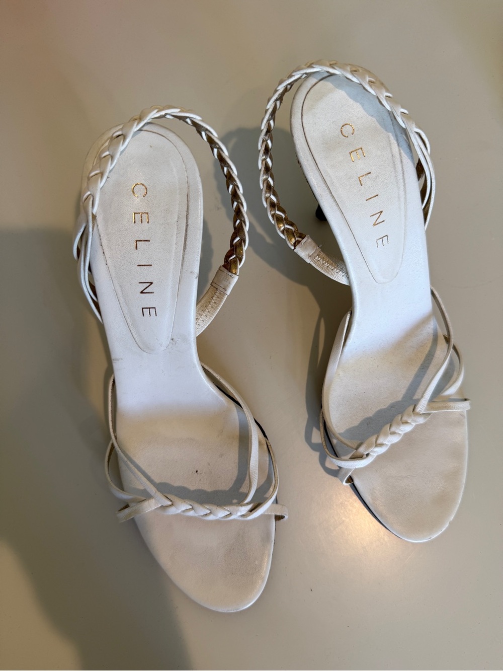 Celine Cream Braided Leather Sling Sandals